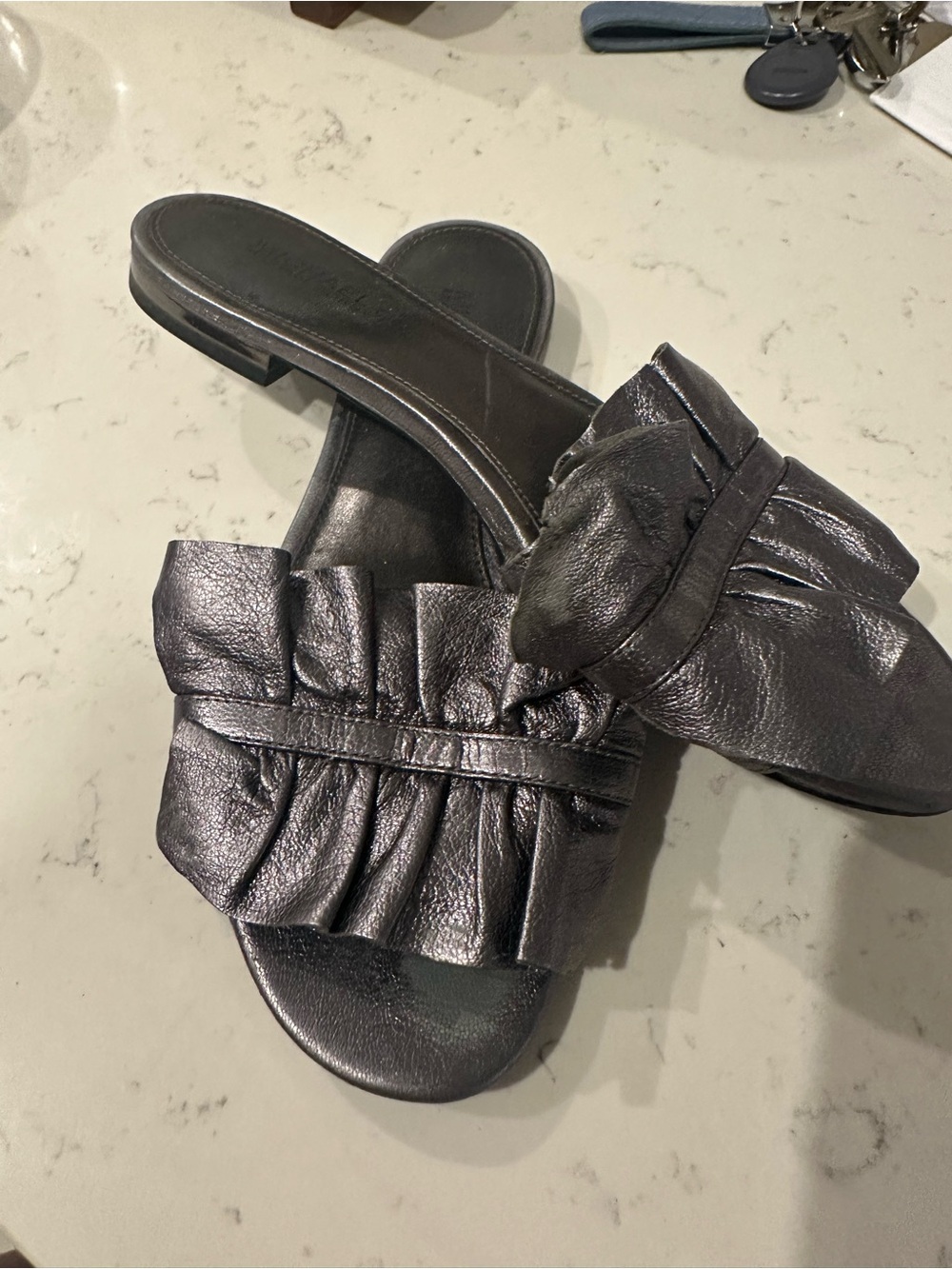 Michael Kors Metallic Charcoal Ruffle Slide Mules
